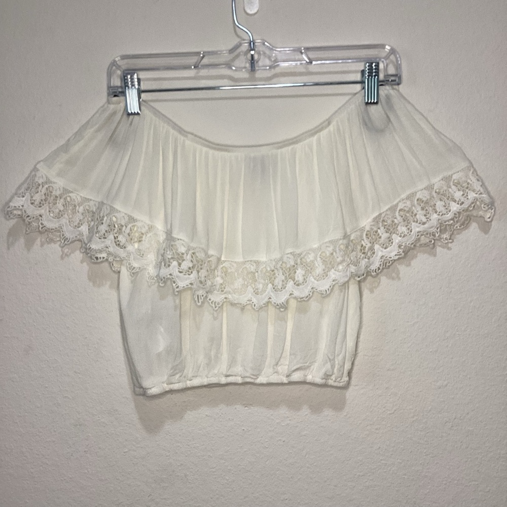 Forever 21 Elegant White Off-Shoulder Lace Trim Top